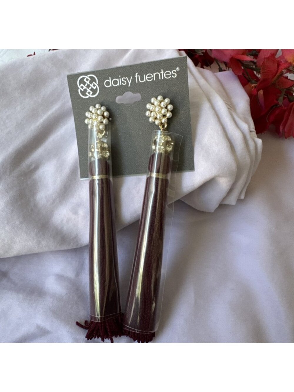 Daisy Fuentes Long Tassel Earrings Gold-tone Pearl Plum 4.5" Party Festive NWT